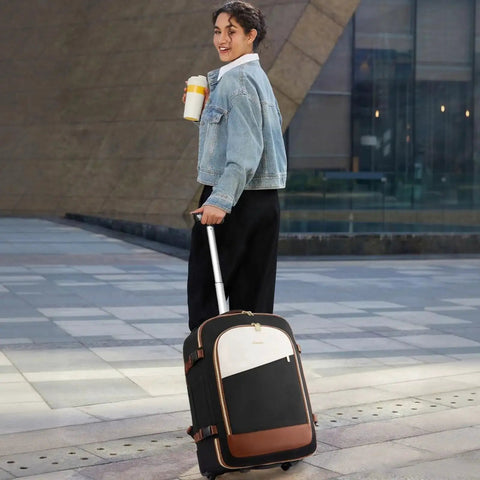 Person walking with Rolling Travel Backpack With Wheels And 4 Piece Set, 17 Inch 57L Carry On Luggage For Women And Men, Water Resistant.