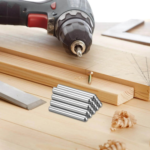 Must Have 70Pcs 2.8mm By 8mm Dowel Pins In 304 Stainless Steel Cylindrical Round Head Shelf Pegs Locating Pins For Bookshelves Cabinets And Furniture GB831 Silver Finish on a wooden surface with tools