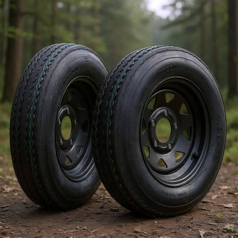Pair Of 4.80-12 Trailer Tires On 12 X 4 Rim, 5 Lug On 4.5 Inch Bolt Pattern, Load Range C 6PR, M Speed Rating, 990 Lb Capacity Per Tire
