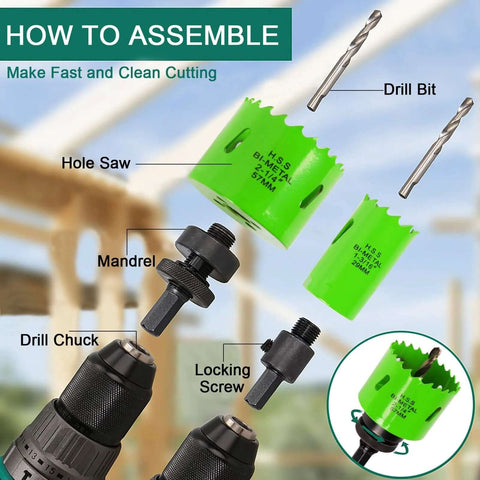 Assembly guide for Bi-Metal Hole Saw Kit 22-Piece Set For Metal Wood PVC with labeled parts including drill bits and mandrels.