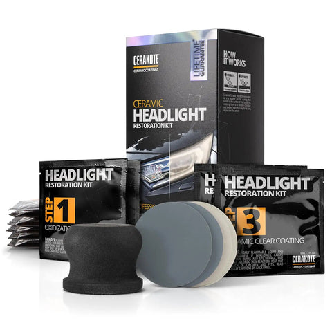 Long Lasting Ceramic Headlight Restoration Kit That Keeps Your Car Lights Crystal Clear No Power Tools Needed Includes 8 Oxidation Removing Wipes 1 Sanding Kit And 2 Ceramic Coating Wipes CERAKOTE product packaging and components displayed.