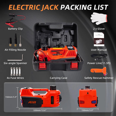 STANDTALL 12V orange electric car jack with carrying case, tire inflator and LED light