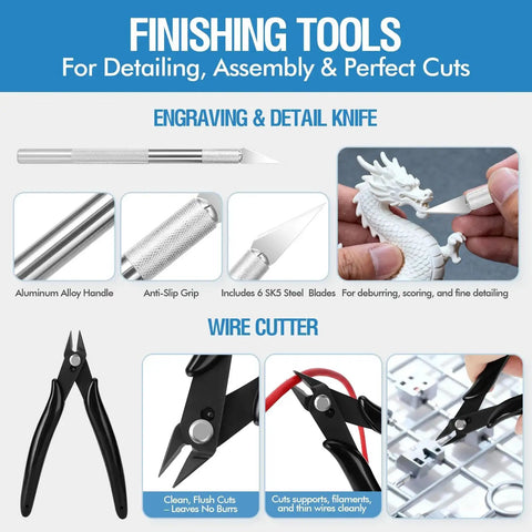 38 Piece 3D Printer Tools Kit With Nozzle Cleaning Needles Scrapers Files Wire Cutter Craft Knife Wrench And Tweezers shown with engraving and wire cutter