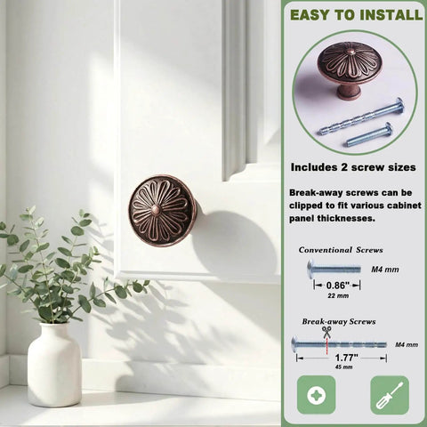 Antique Copper Kitchen Cabinet Knobs Set For 1.4 Inch Cabinets with break-away screws, shown on white cabinet door.