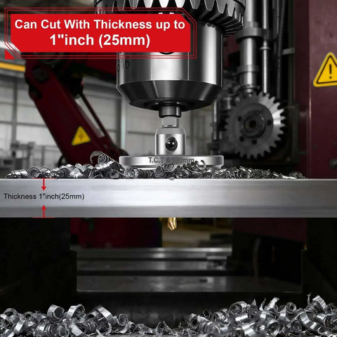 4 Inch Tungsten Carbide Tipped Hole Saw Set cutting metal sheet thickness up to 1 inch with pilot bits visible