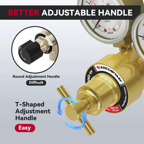 Argon CO2 Welding Regulator For MIG And TIG 0-4000 PSI with T-shaped adjustable handle for easy operation, brass body.