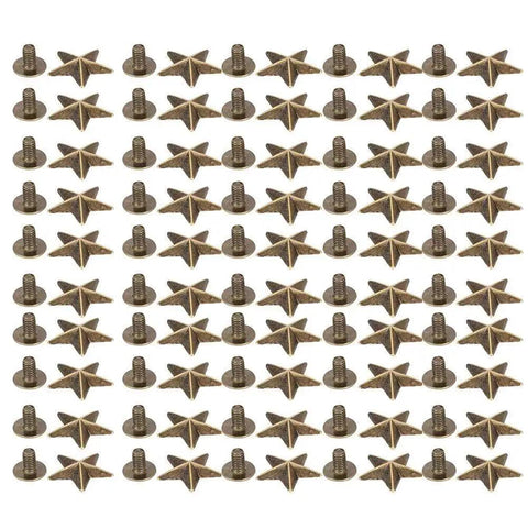 Star Rivet Set 50 Set Zinc Alloy 14mm Screws For DIY Clothing Shoes Purses, showing 50 star-shaped rivets with screws.
