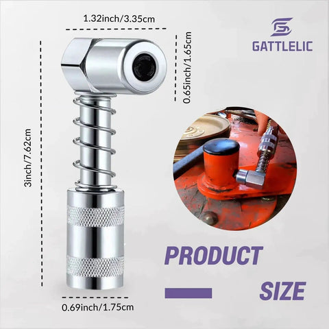 Side view of Grease Gun Accessory Kit With Needle Dispenser And Two Needle Nozzles, 90 Degree Coupler Adapter for tight spaces.