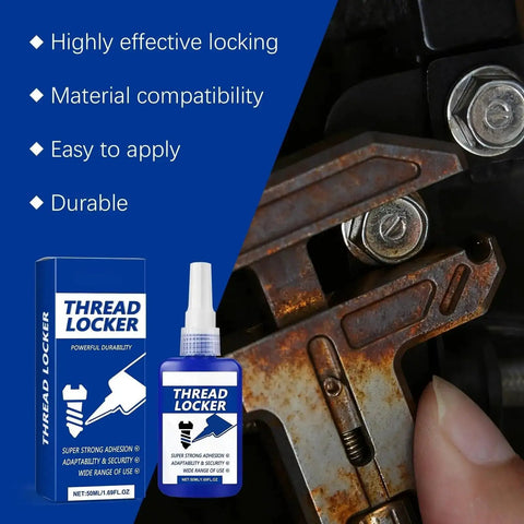 Blue Thread Locker for Nuts and Bolts, Medium to High Strength, shown in 50ml bottle with application on wrench and metal fasteners.