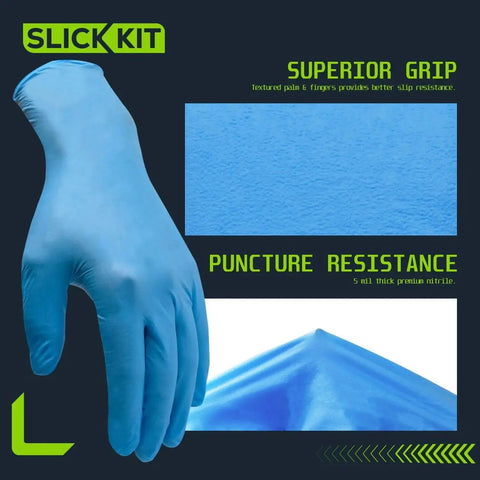 5 Mil Nitrile Gloves Latex Free Powder Free Textured Grip Automotive Cleaning in blue, showcasing texture and durability.