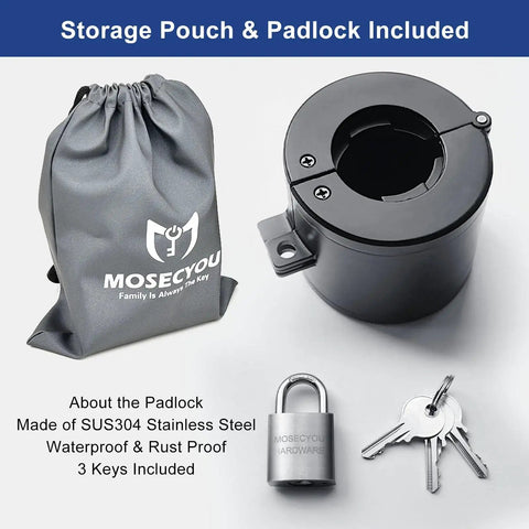Heavy Duty Metal Door Knob Lockout Device With Padlock Adjustable Doorknob Cover next to storage bag and padlock with keys.