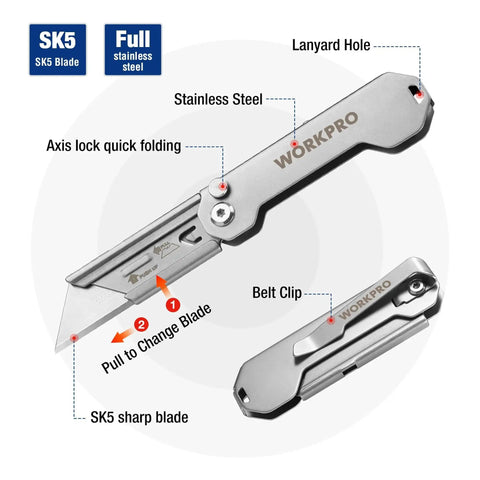 Image showing Two Pack EDC Folding Utility Knife With Quick Open Axis Lock Includes 10 Blades, highlighting features like SK5 blade, belt clip, and axis lock.