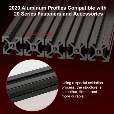 Close-up of 2020 aluminum square extrusions anodized black from 350mm Extrusion Frame Kit For 3D Printers with blind joints.