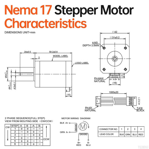 Technical diagram of Three Pack Nema 17 Stepper Motors 1.8 Degree Two Phase High Torque 0.84 Nm Bipolar 42x60mm 2.3A