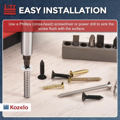 50 Pack Phillips Flat Head Wood Screws 316 Stainless Steel Self Tapping Countersunk For DIY Furniture Build Interior Trim And Outdoor Projects Size 6 By 1 Silver shown with screwdriver and drill bit set, illustrating easy installation on wooden surface.