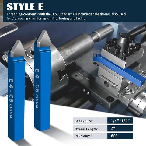 Ten Piece One Quarter Inch Carbide Lathe Cutter Tool Bits Set For Metal Shop Milling And Welding Projects, including E4-C6 carbide tips in use with lathe machine