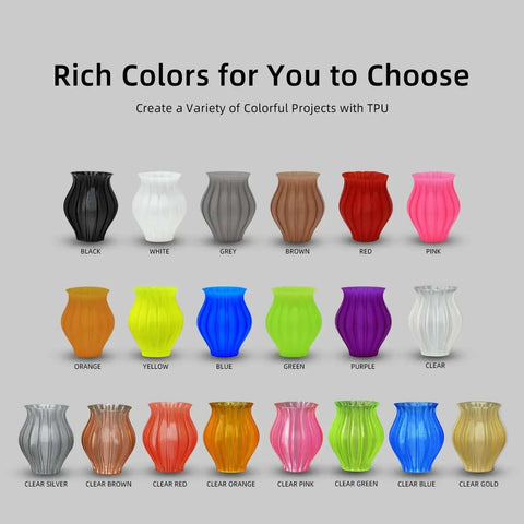 Multiple colored flexible TPU filaments, including black, white, grey, red, pink, and more for 3D printing projects.