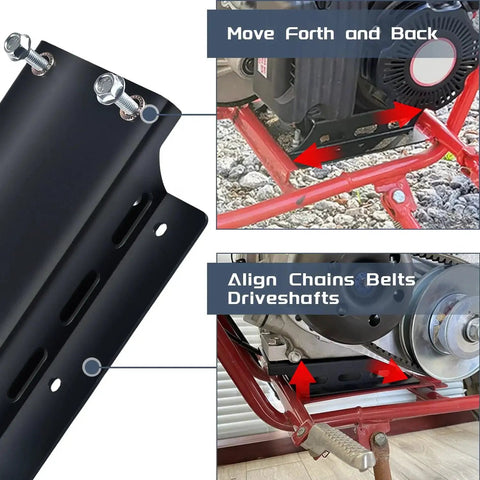 Torque Converter Motor Riser Plate For Coleman Mini Bikes With 196cc And 212cc Engines Adds One And Three Quarter Inch Lift For Extra Ground Clearance Fits CT200U BT200X And CT200U EX Mini Bikes For Off Road Ready Adventures shown in side and installed views on mini bike frame