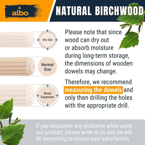 Diagram of 1/4 X 1-1/4 Inch Fluted Wood Dowel Pins showing natural birchwood, drying, and expansion effects on dowel size.