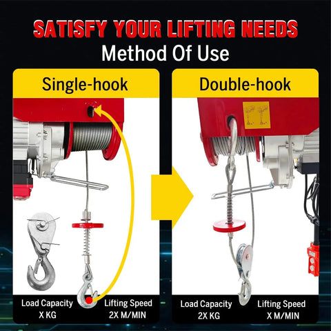 Diagram showing single and double-hook method for 2 In 1 Electric Hoist Winch 1760Lbs With Wireless 98ft And Wired Remote 110V