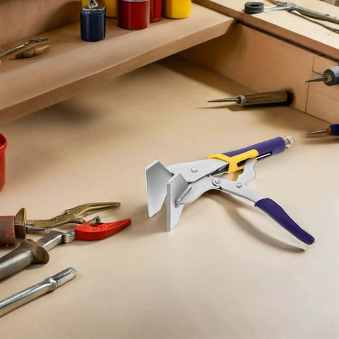 Sheet Metal Hand Seamer Pliers With Straight Jaw And Locking Clamp For Metal Bending Fabrication And HVAC Projects on a workbench