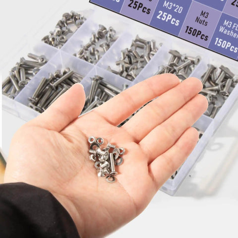 Ultimate M3 Countersunk Socket Cap Screws Set In 304 Stainless Steel, 500Pcs, hand displaying nuts and washers