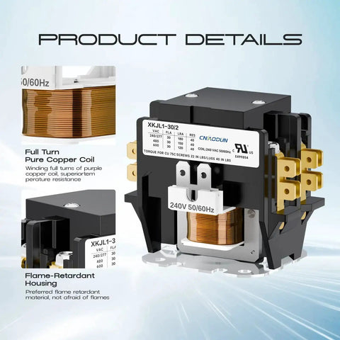 2 Pole 30 Amp 240V HVAC Contactor for Condensers, Compressors, and Heat Pumps with flame-retardant housing and full turn copper coil