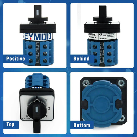 Beefy 20A Rotary Changeover Switch 660V 3 Pole 6 Position 12 Terminal Latching Selector with Blue Fork Terminals, multi-view