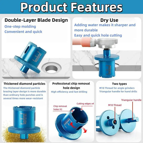 Product features of Ultra Durable Double Layer Brazed Diamond Core Drill Bit For Porcelain Tile with chip removal design.