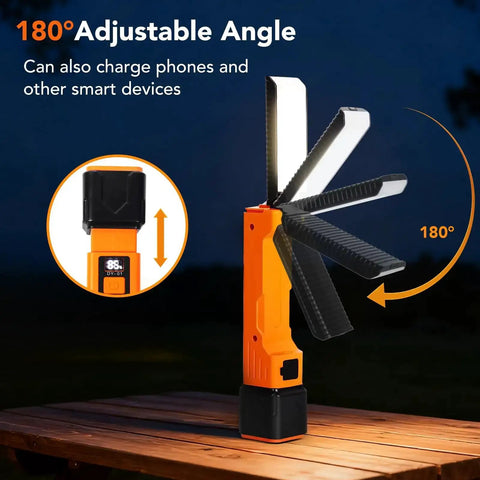 All In One Rechargeable Work Light With Dual COB Flood And LED Spotlight showing 180° adjustable angle on wooden surface