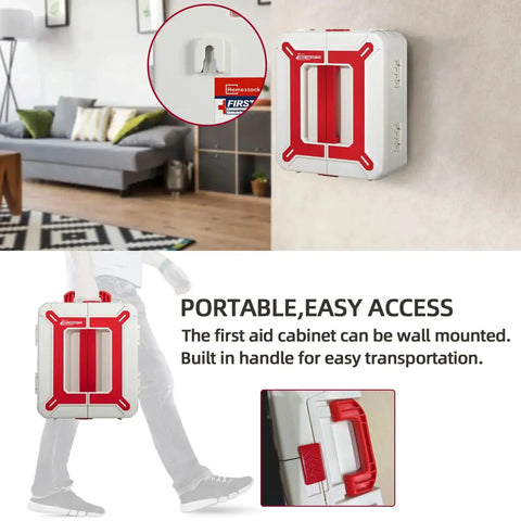 Wall-mounted view of Boss Level Large 408 Piece First Aid Kit with red handles and detachable compartments in a living room setup.