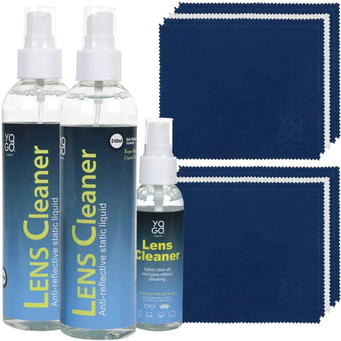 Eyeglass Lens Cleaner Kit With 8oz Bottles And 12 Microfiber Cloths Streak Free, two large bottles and one small bottle with cloths