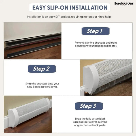 Elliptus Series 7 Ft Galvanized Steel Slip-On Baseboard Heater Cover installation steps for hydronic hot-water systems