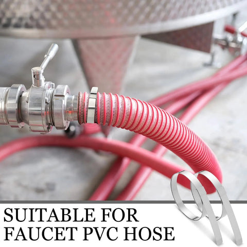 25 Pack Center Punch Hose Clamps Five Eighth Inch Wide Four Inch Diameter 0.025 Inch Thick 201 Stainless Steel Preformed Band Clamps For Hose Ducting Pipes Cable Management And More securing a red PVC hose to a metal faucet.