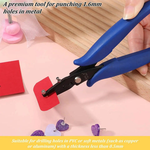 Using One Sixteenth Inch Round Hole Punch Pliers for punching 1.6mm holes in red material for sheet metal and leather crafting.