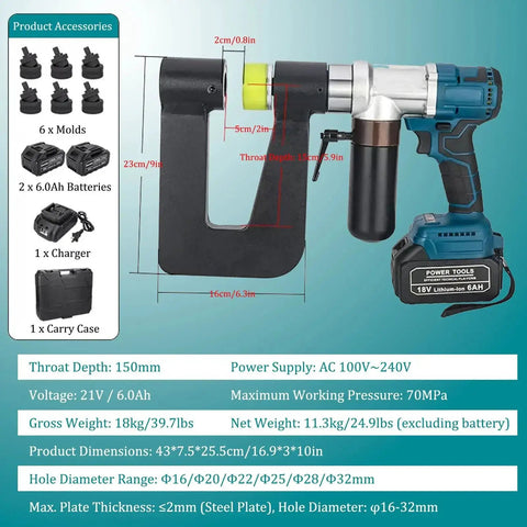 Cordless Electric Hydraulic Hole Punch for Metal Sheets with 150mm Throat, 6 Die Sets, and Dual 6.0Ah Batteries, side view
