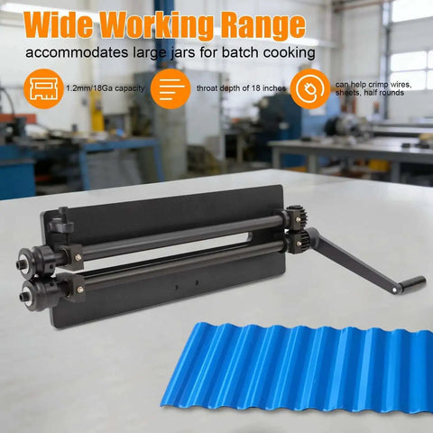 Pro Grade Sheet Metal Bead Roller for Beading and Flaring 18 Inch Throat Depth Heavy Duty Tool shown with blue sheet metal