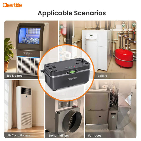 Cleartide condensate pump, black HVAC unit for condensate removal; shown with ice makers, boilers, ACs, furnaces.