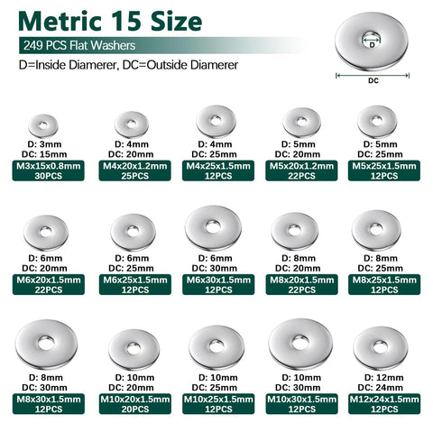Metric 15 size stainless steel flat washer set, 249 pcs, 304 stainless, with assorted inner and outer diameters.