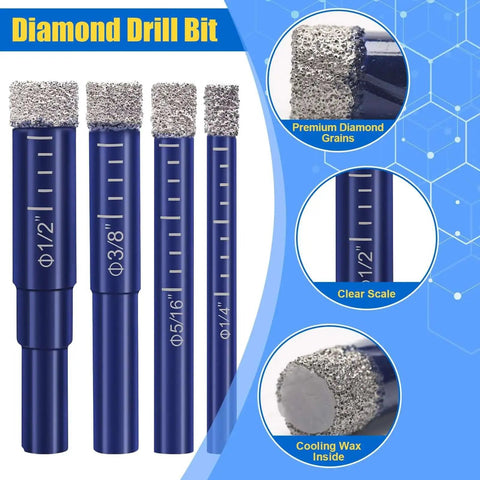 Close-up of Pro Grade Nine Piece Dry Diamond Drill Bit Set for Ultra Fast Dry Drilling with premium diamond grains.