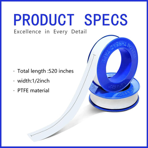 Five Roll Pack Of PTFE Thread Seal Tape One Half Inch Wide Each 520 Inches Long For Water Pipes And Shower Heads