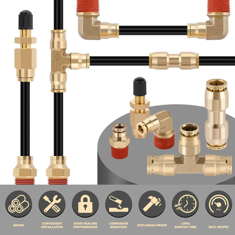 43 Pcs Brass DOT Air Line Fittings Kit With Fifty Feet One Quarter Inch And Thirty Two Point Eight Feet Three Eighths Inch DOT Air Hose displayed