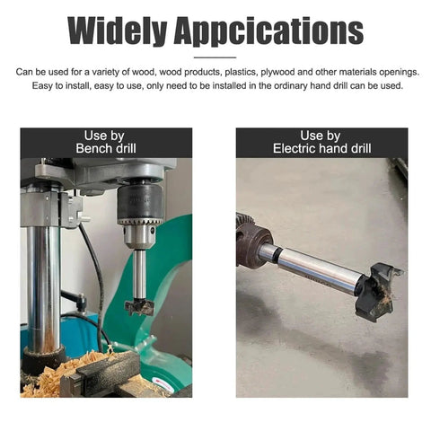Hinge Boring Drill Bit Set For Wood With Window Hole Cutter Auger Kit 15mm 20mm 25mm 30mm 35mm Diameters in use with bench and hand drills
