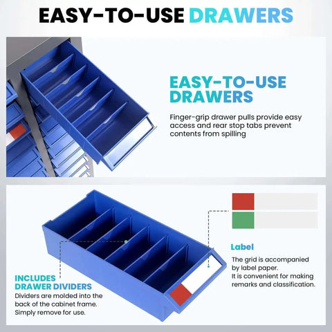 75 Drawer Bolt Bin Organizer With ABS Drawers, showing blue ABS parts drawer with dividers and label area for easy sorting and access.