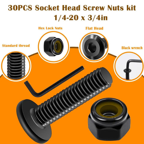 Illustration of 304 Stainless Steel Nuts and Bolts Kit One Quarter Inch by Twenty Threads Three Quarter Inch Long Flat Head Hex Socket Cap Furniture Screws with Nylon Insert Lock Nuts and Hex Wrench 30 Pieces showing components.