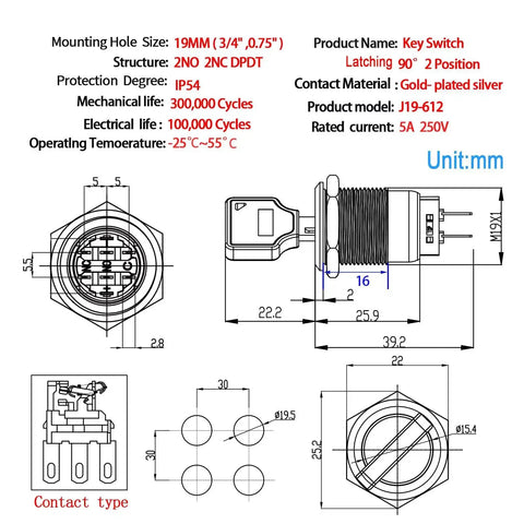 Technical drawing of Beefy 19mm Key Switch With 2 Position DPDT Latching Mechanism, Stainless Steel Rotary Lock, pull to lock feature