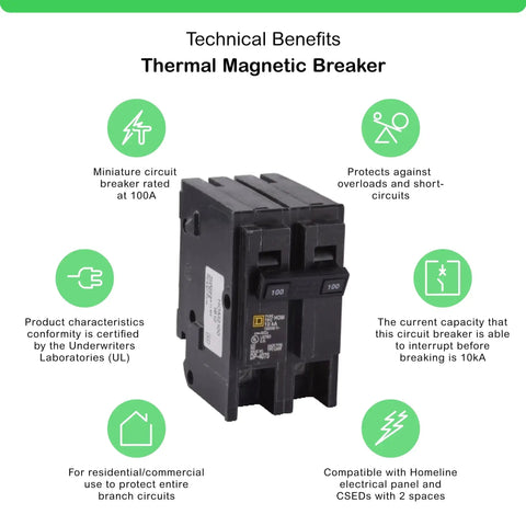 Homeline 100 Amp Two Pole Mini Circuit Breaker With Plug In Mount 120 240V AC 10kA Breaking Capacity, front view with benefits.