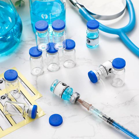 20-count 2ml sealed sterile glass vials with blue caps and 20 label stickers