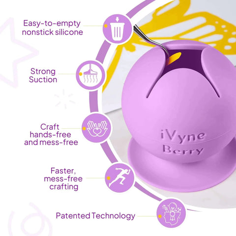 Bright purple Berry Suctioned Vinyl Weeding Scrap Collector And Holder For Vinyl Weeding Tools With Star Shaped Opening Keeps Scrap Vinyl In Place And Makes Cleanup Easy For Crafters Purple By iVyne with tool inserted into star-shaped opening, showcasing strong suction base and easy-clean silicone features.