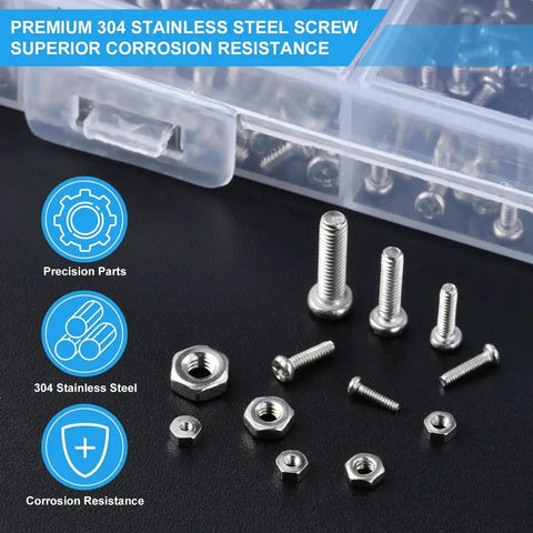 Stainless steel micro screws and nuts kit for eyeglasses and watches, showcasing multiple sizes with labeled case in background.